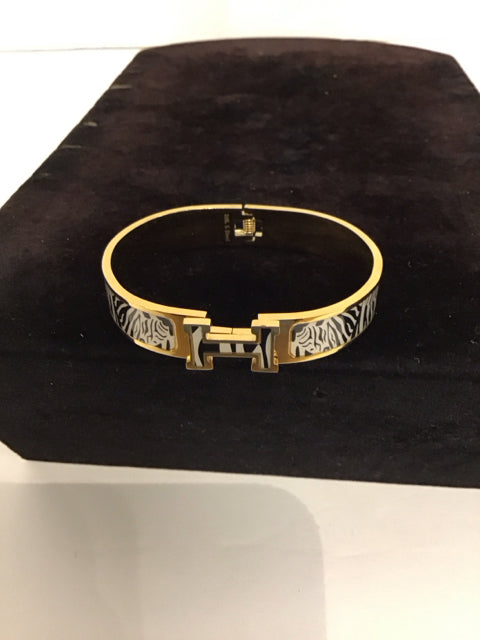 Hermes Style Gold/Enamel Clic-Clac Cuff Bracelet