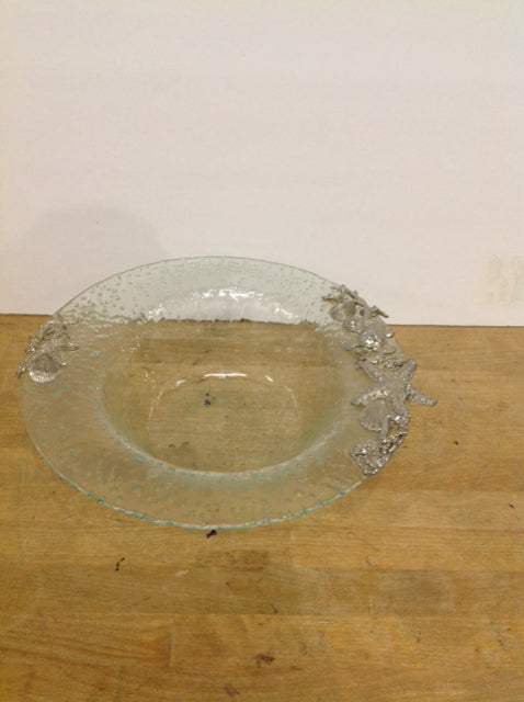 13" Glass Bowl w/Silver Seashell Decor