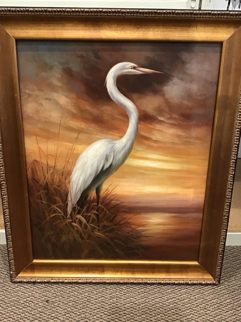 20x36 Framed White Heron in the Marsh AS-IS Corner of Frame Chipped