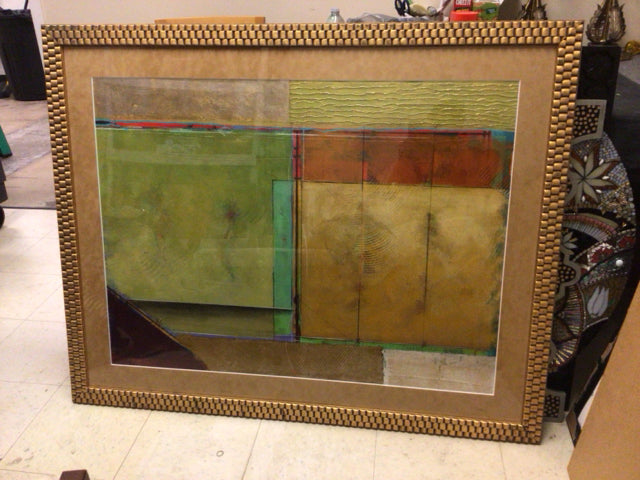 49" X 39" Gold Framed Green/Orange Abstract Print