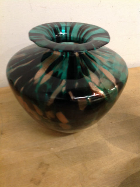 Vase- 10" Green & Gold Drip Glass