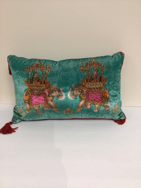 Teal Velour Pillow w/Beaded Elephants & Tassels