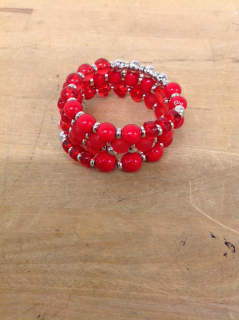 Bracelet- Silver & Red Beaded Wrap