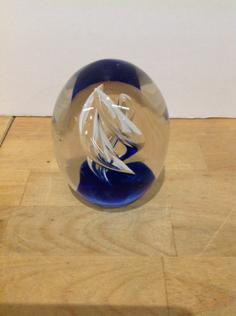 4" Art Deco Clear & Blue Glass Paperweight