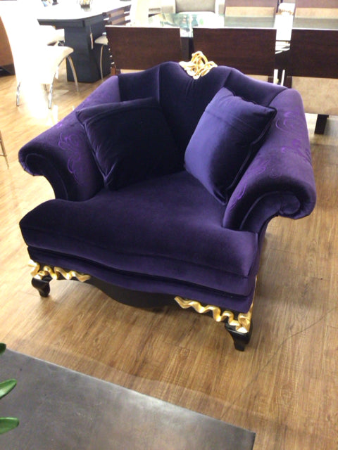 Purple Velvet & Gold Accent Baroque Style Chair W/2 Pillows