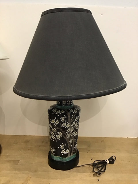 29" Black Porcelain Vase Lamp w/Cherry Blossoms