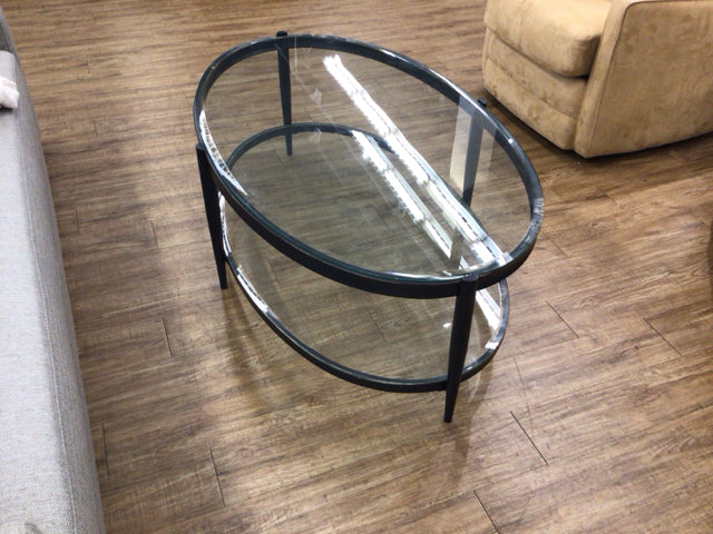 51" X 31" X 18" Oval Metal Two Tier Glass Insert Coffee Table