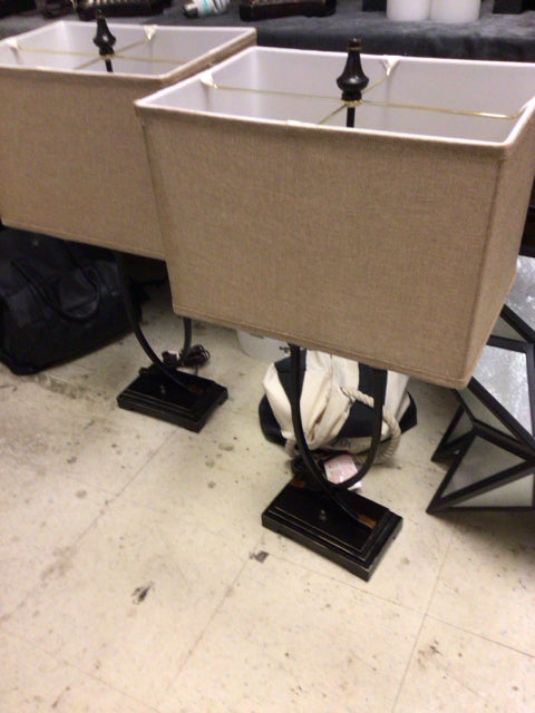 Pair Of Metal Double Light Table Lamps W/Rectangle Shades