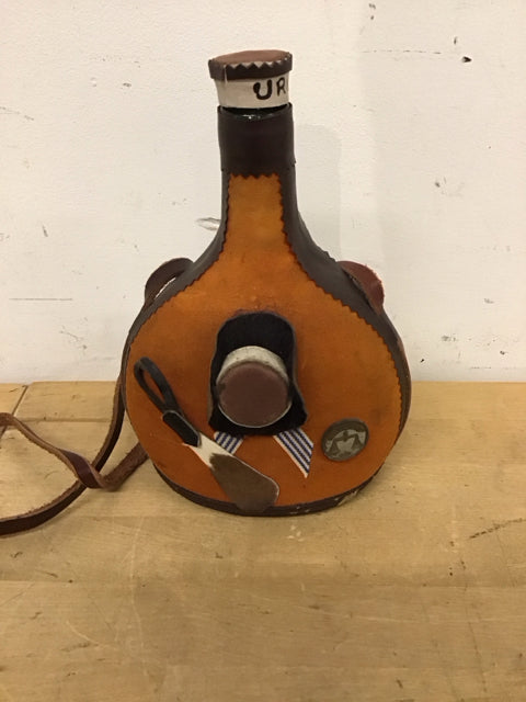 9" Vintage Leather Covered Flask W/Cork Stopper