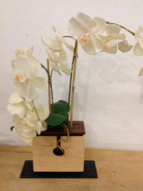 21" White Orchid In Wood Planter