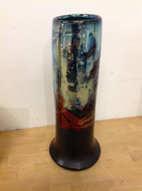 Vase- 15" Ceramic Black W Rust & Aqua
