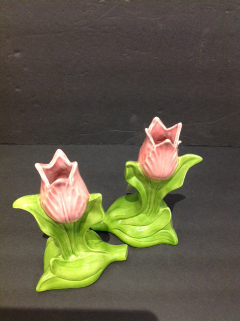 Pair-Pink Ceramic Tulip Candle Holders