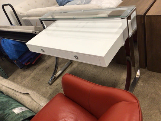 White Lacqure & Chrome Glass Top Two Drawer Desk