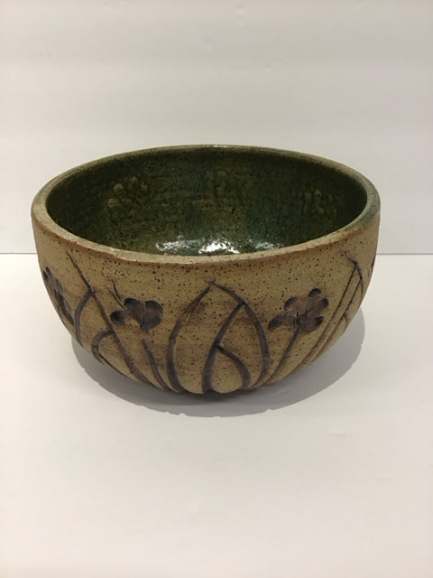7.5"Rd Painted Etched Brown Pottery Bowl