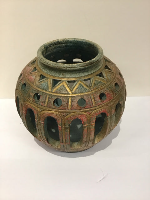 Terracotta Tea Light Holder w/Geometric Patterns