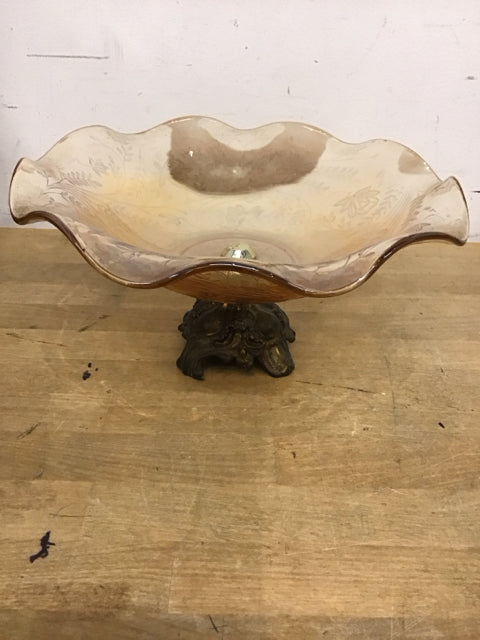 11" Vintage Irridescent Floral Glass Brass Footed Bowl