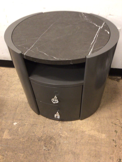 Grey Lacqured Oval Stone Top Two Drawer Nightstand
