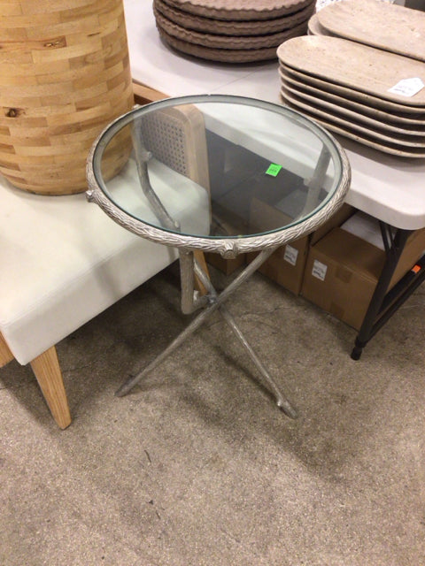 Round Silver Glass Top Branch End Table