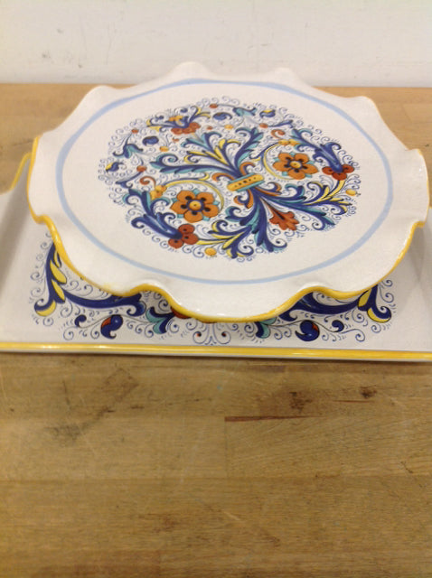 Painted Ceramic Tray & Cake Stand