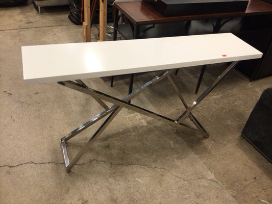 AS-IS 60" Uiversal Furniture White Silver Base Console Table