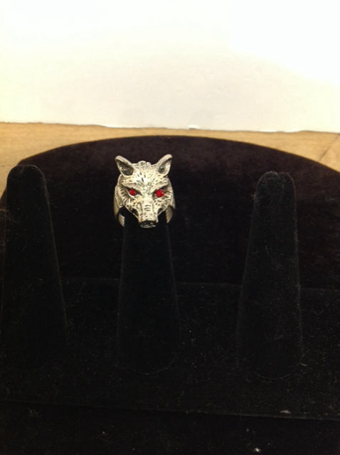 Silver Tone Wolf w/Red Rhinestone Eyes Ring