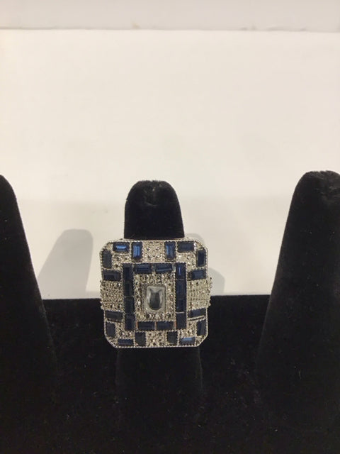 Silver Ring Blue/Clear Rhinestones