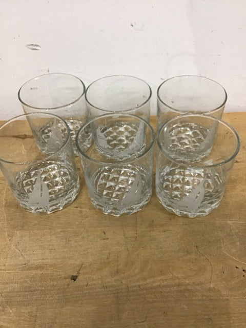 Set Of 6 Etched Sail Boat Low Ball Glasses