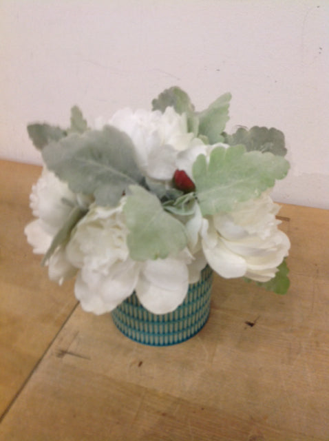 9" Aqua Ceramic Vase & White Flowers
