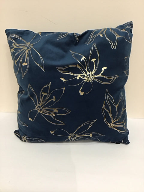 Blue Velvet Pillow w/Gold Stitched Florals