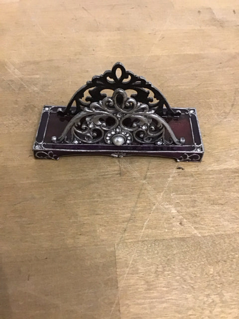 4" Silver Burgandy W/Pearl Business Card Holder