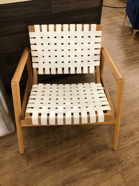 White Woven Leather & Wood Accent Chair