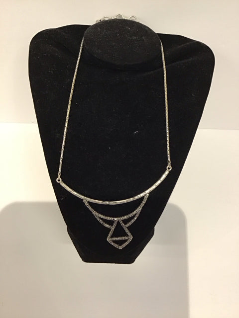 Silver Tone Pave Necklace w/Geometric Pendant