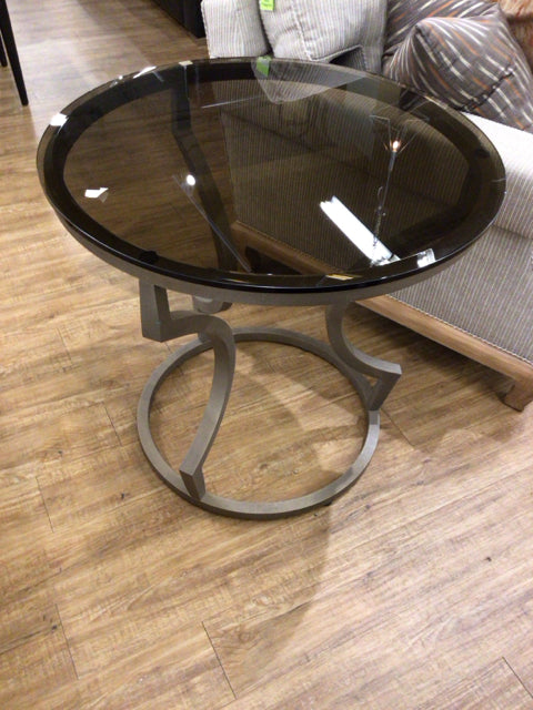 30" Round Black Beveled Glass Top Metal Base End Table