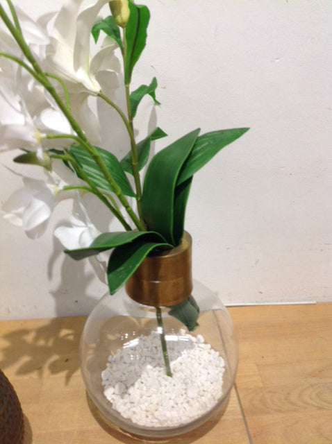 9" Gold & Glass Vase W White Prchid