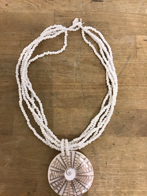 White Beaded Necklace W/Medallion