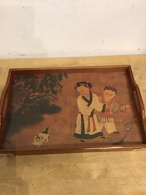 17"x12" Vintage Wooden Asian Style Tray