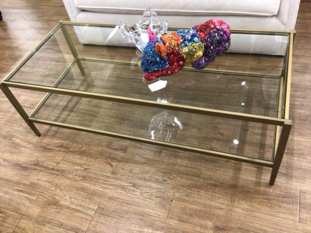 54" X 24" Gold Metal Glass Top Coffee Table