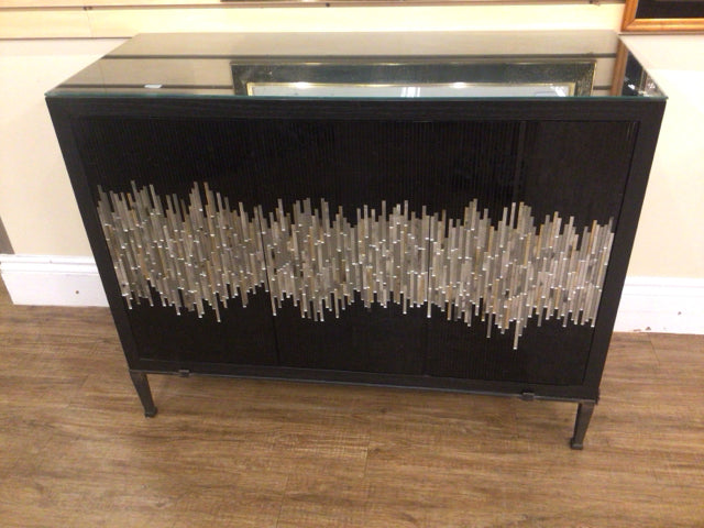 18" X 45"Glass Top Black Pieced Mirrored Front Two Door Console Table