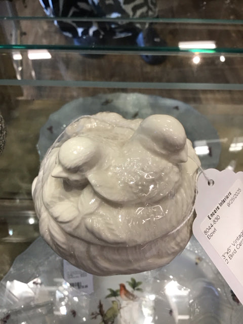 3"x5" Vintage Cream 2 Bird Ceramic Lidded Bowl