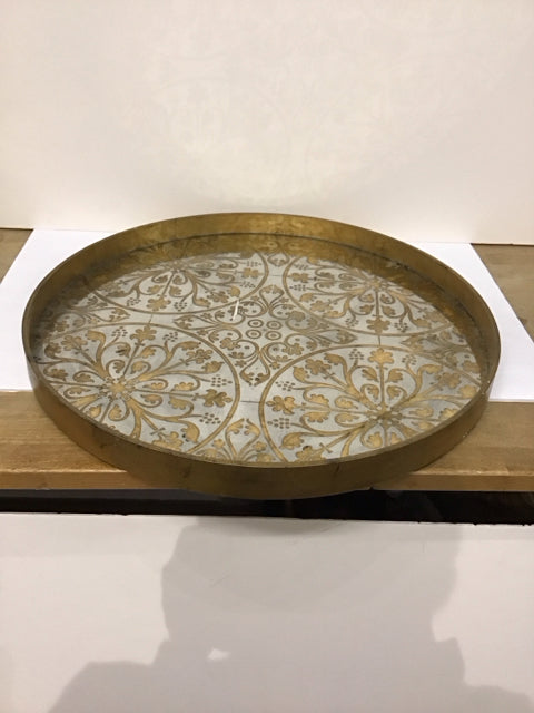 24"Rd Gold Painted Mirror Tray w/Gold Accents