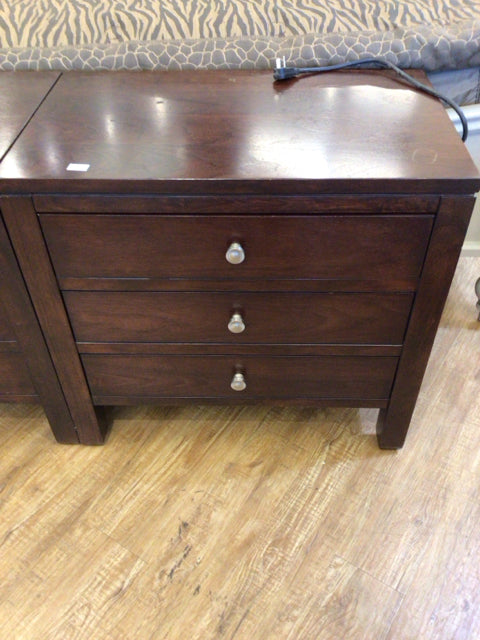 AS-IS Bassett Furniture Three Drawer Dark Wood Nightstand W/Outlet