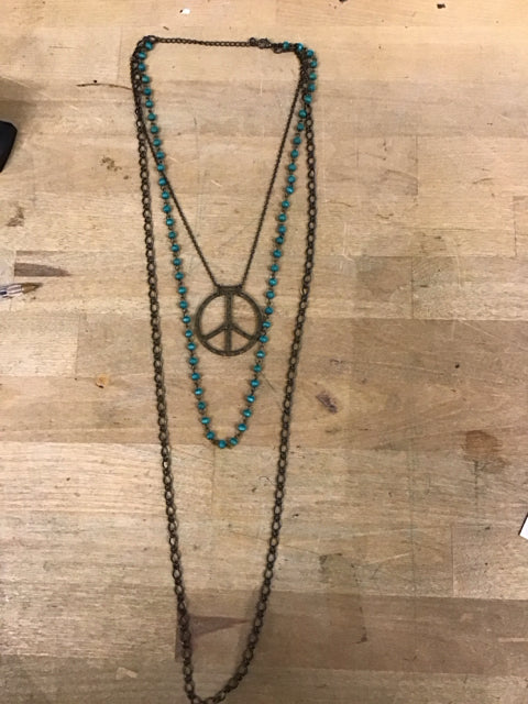 3 Strand Peace Sign & Turquoise Like Beaded Necklace
