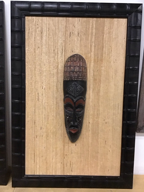 37"x24" Framed Rafia African Masks Wall Decor