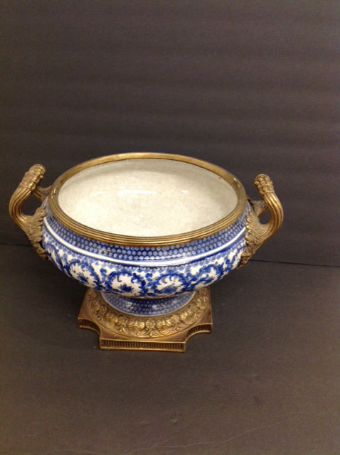Blue/White Painted Urn w/Brass Handles