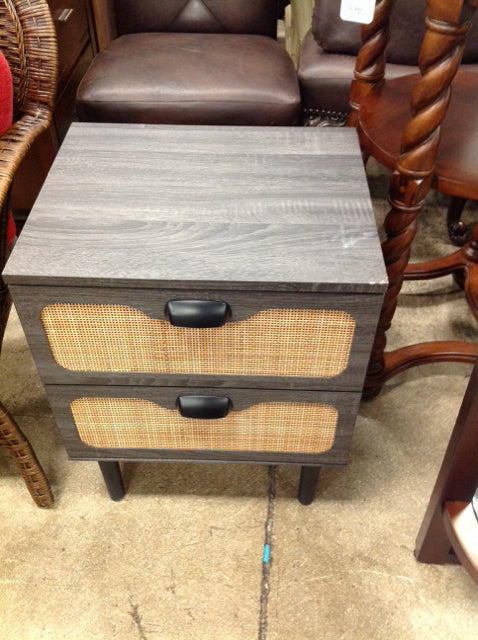 Black Faux Wood Nightstand w/Rattan AS-IS Chip on Corner