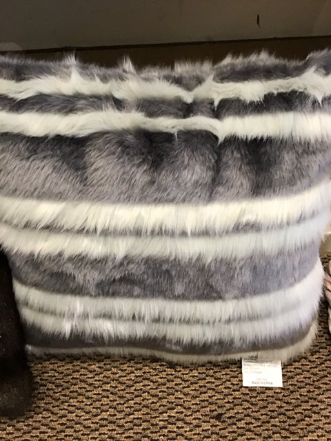 18" Gray & White Strip Faux Fur Pillow