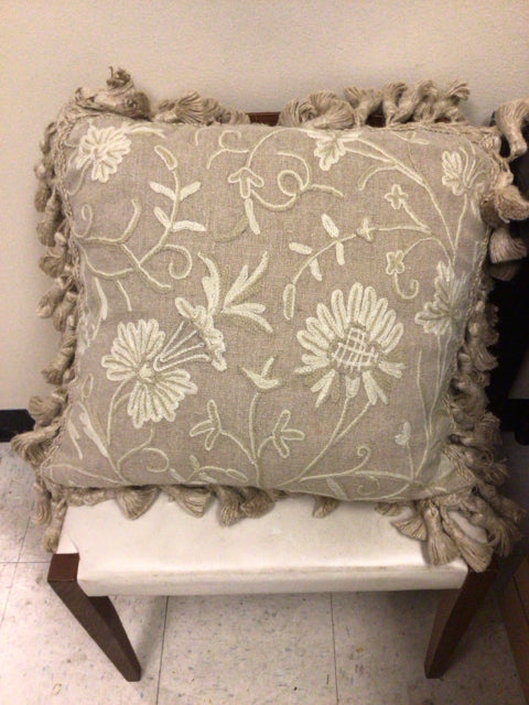 Beige Floral Embroidered Pillow