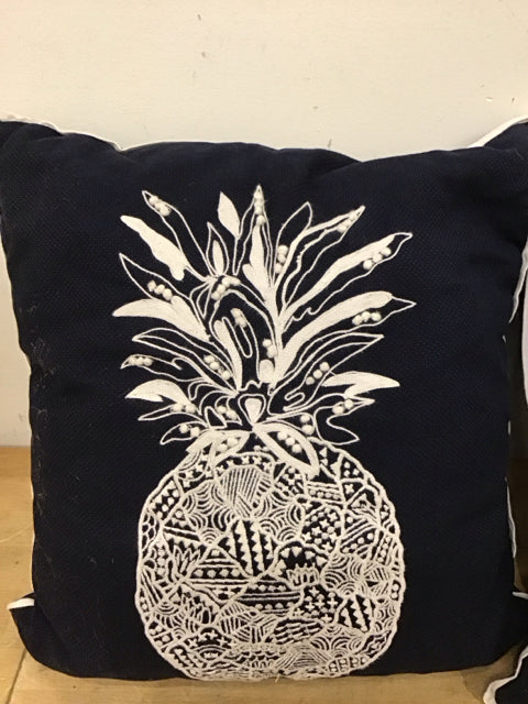 16" Navy & White Embroidered Pineapple Pillow