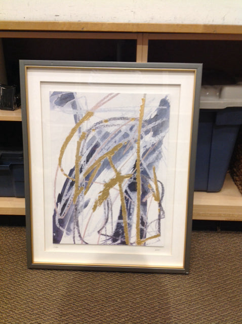 32x25.5 Framed Gold/Blue Abstract on Paper