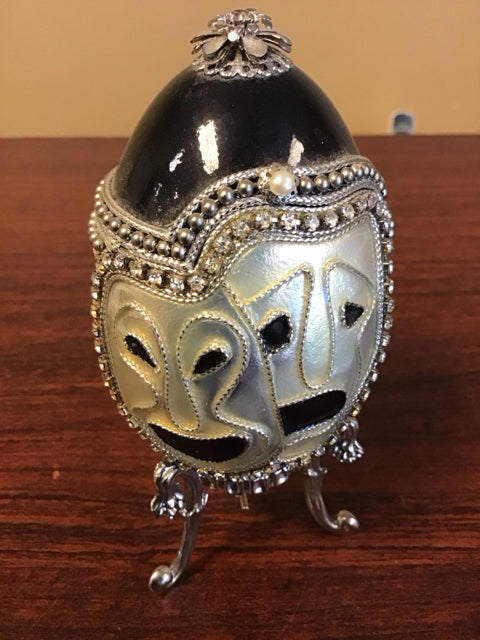Black Enamaled Silvertone Masquerade Egg Trinket Box